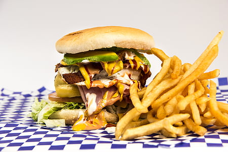 Hamburger, pēda, Bürger, holesterīns, izvēlne, cepts, ātrās ēdināšanas