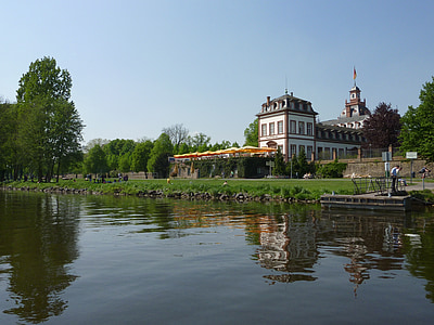 Hanau, fő, folyó, Castle, Németország, Hesse, fő bankok