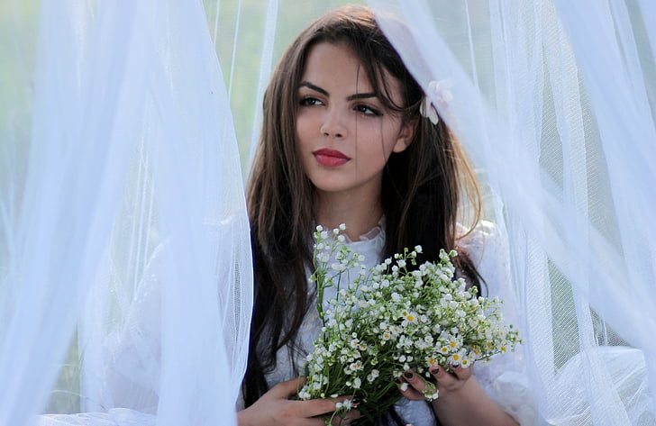 girl, veil, white, beauty, long hair, wedding, bride