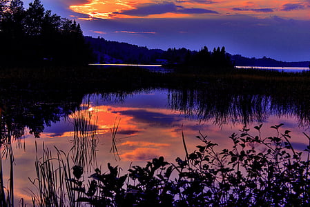 sunset, lake, sky, clouds, nature, contrast, colors