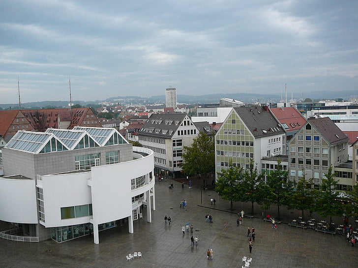 Ulm, Ričards Maijers būvniecības, Cathedral square, pilsētas mājas, mākoņainums, panorāmas skats no katedrāles