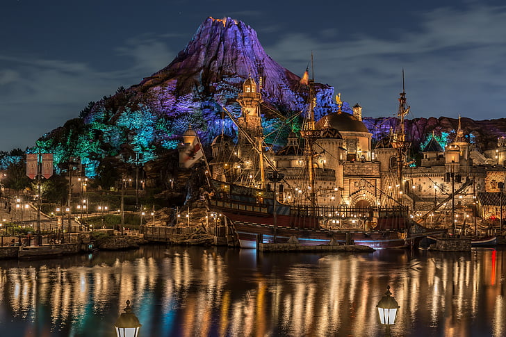 Disney, Disney mora, Nočný pohľad, svetlo, brilantná, Japonsko, budova