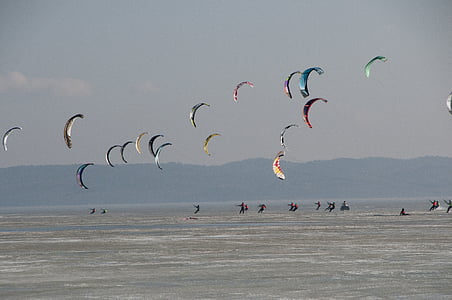 Sport, snowkite, latawiec, kitesurfing, lód, Lagoon, zabawa