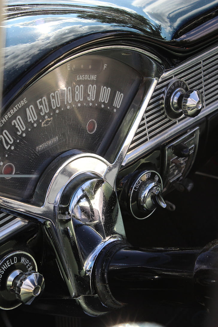 dashboard, interior, gauge, metal, chrome, vintage, vehicle