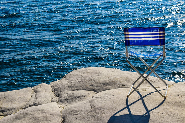 krēsls, zila, jūra, klints, balta, pludmale, krāsa