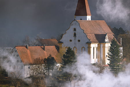 kirke, tåge, arkitektur, spøgelsesagtige, tåge, mystisk, åndelige
