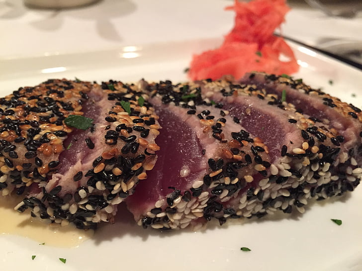 tuna, sashimi, raw, sesame, fish, food, seafood
