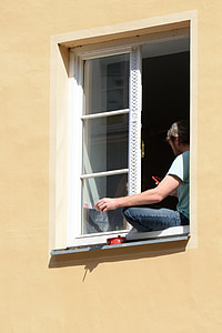 vinduet, person, mobiltelefon, fasade, hjem, menneskelige, røyking