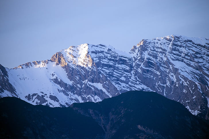 kalnu grēda, Austrija, Tirol, ainava, sniega, zilas debesis, novakarē