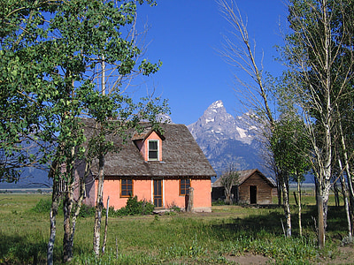 maja, Avaleht, arhitektuur, Grand teton rahvuspark, Wyoming, taevas, mäed
