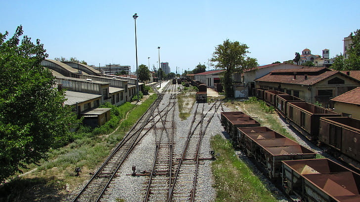 carriles de, estación de tren, urbana, carro, ciudad, Volos, Grecia