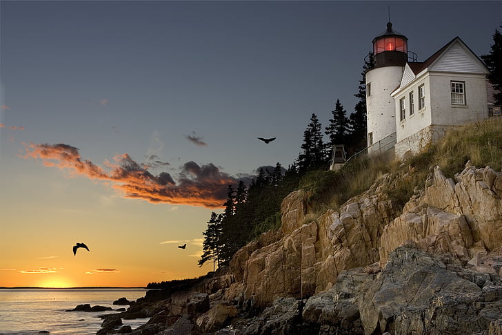világítótorony, Bar kikötő, Maine, naplemente, hangulat, felhők, Sky