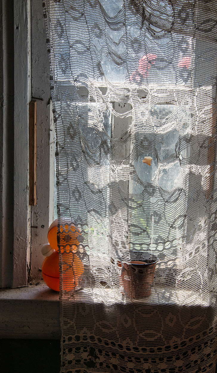 window, curtain, old house, toy on the window