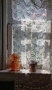 fenêtre de, Rideau, maison ancienne, jouet sur la fenêtre