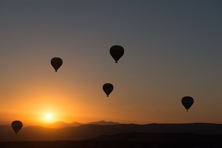 silhuett, Foto, Hot, Air, ballong, solnedgang, fly med varmluftballong