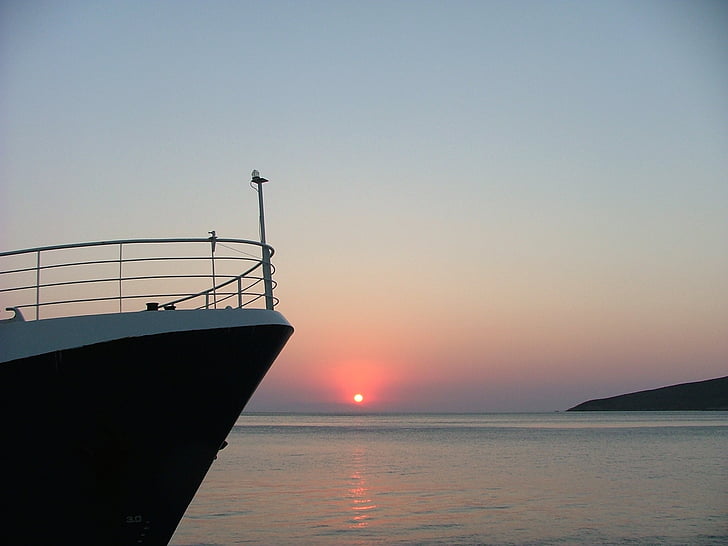 východ slunce, loď, Já?, Tilos, Řecko, voda, červená