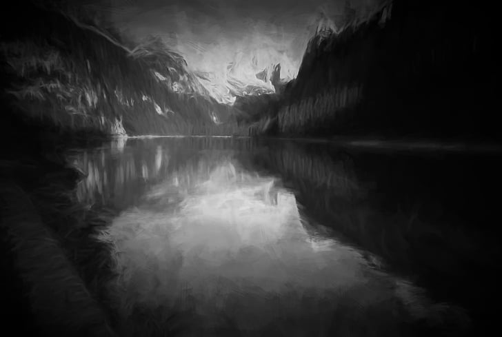 mountain lake, canyon, reflection, swayzee, bw, lake, water