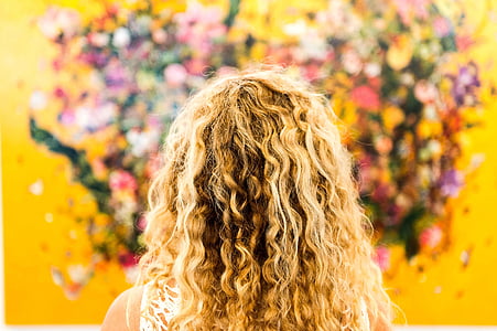 blonde, hair, art, flowers, head, female, curly hair