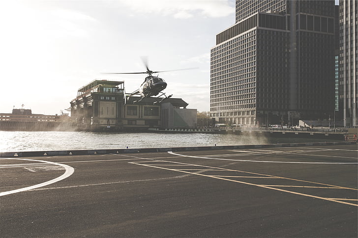 gris, helicòpter, part superior, cos, l'aigua, Heliport, paviment