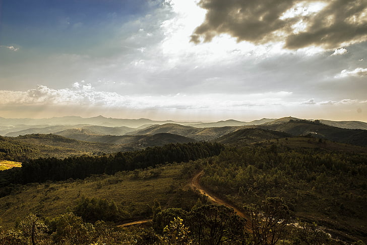 green, mountain, daylight, clouds, forest, nature, sky