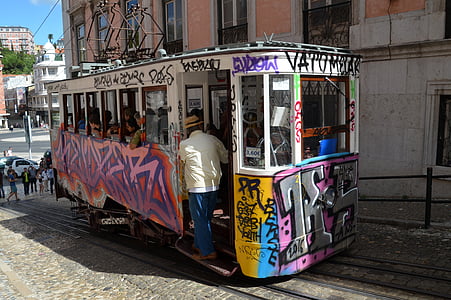 spårvagn, Lissabon, Portugal, gamla stan, transportmedel, transport, historiskt sett