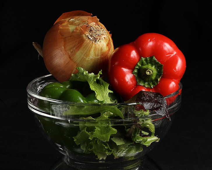vegetables, peppers, onion, lettuce, salad, greens, bowl
