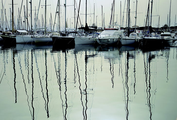 sailboats, moored, jetty, water, highlights, peaceful, shadows