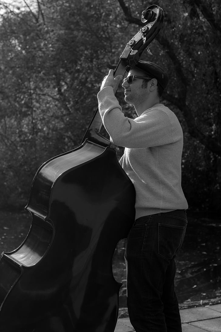 bass player, musical instrument, black and white, listening, classic, musician, park