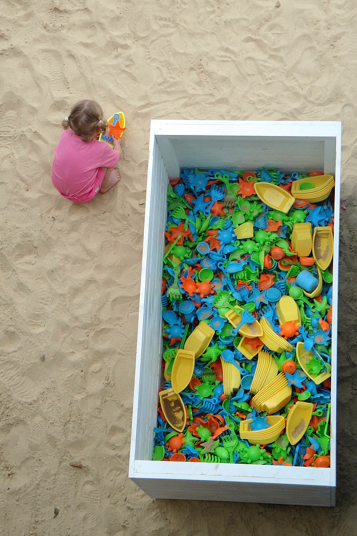 spelende kind, zand, zand speelgoed, kind, spelen, Speeltuin, plastic speelgoed