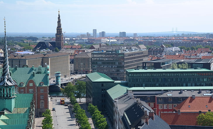 Копенгаген, Данія, місто, Синє небо, дахи, день, подання