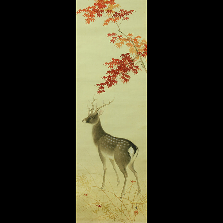 japan, japanese, scroll, deer, stag, asian, antique