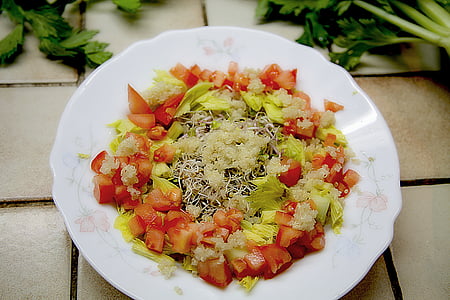 salad, tomat, Kinoa, makanan sehat, kekuatan, Diet, tunas lobak