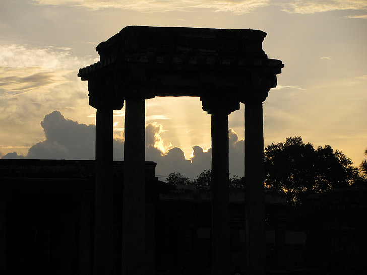 columnas, puesta de sol, Belur, histórico, noche, arquitectura, punto de referencia