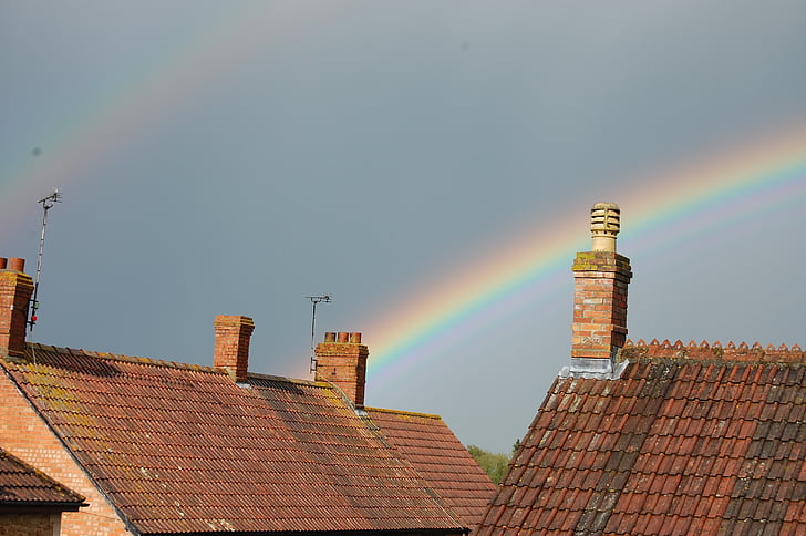 rainbow, roof, chimney, sky, roofs, architecture