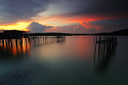 dawn, dusk, jetty, lake, pier, silhouette, sky