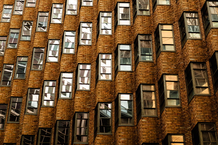 marró, clar, vidre, finestra, vidre, edifici, edificis