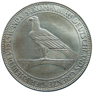 Reichsmark, rhinelands compensation, République de Weimar, pièce de monnaie, argent, numismatique, devise