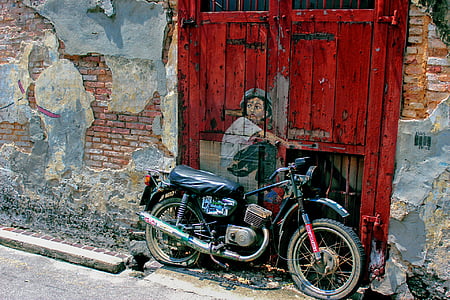 чорний, мотоцикл, поруч, людина, пофарбовані, двері, daytome