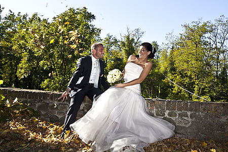 marriage, formal wear, dress, bride, groom, wedding, flowers