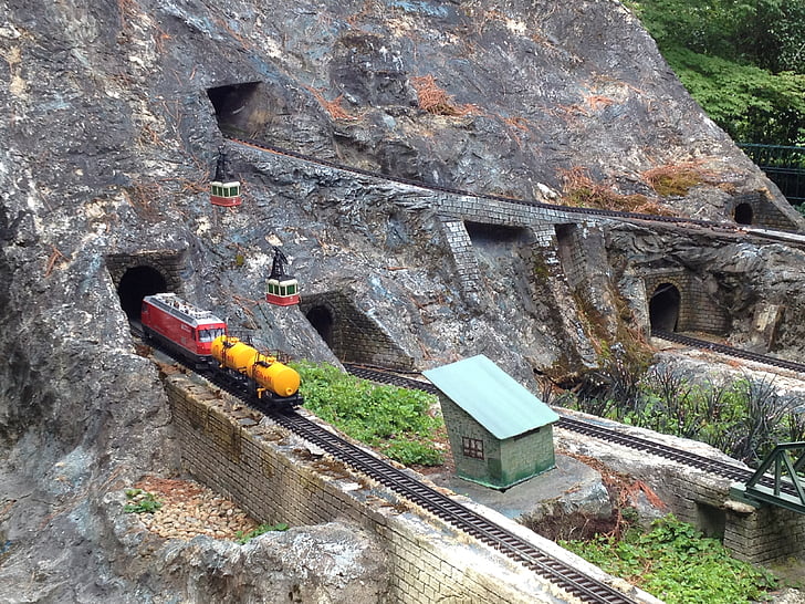 modell tog, tunnelen, fjell, miniatyr, tog, modell, jernbane