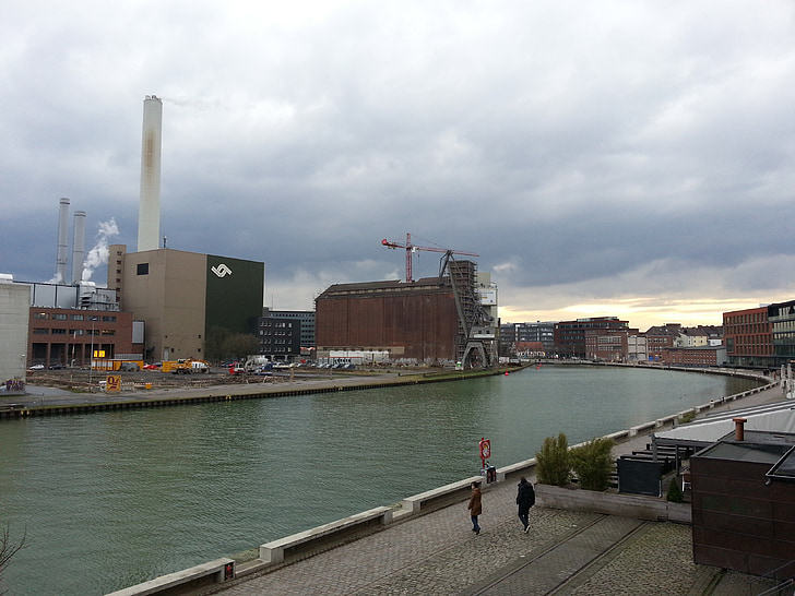 Münster, port, industrie, bâtiment, canal, eau, nuages