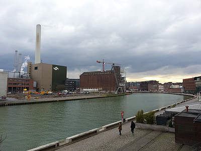Münster, hamn, industrin, byggnad, kanal, vatten, moln