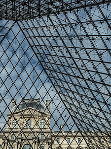 pirâmide, Louvre, vidro, Paris, pirâmide de vidro, Museu, céu