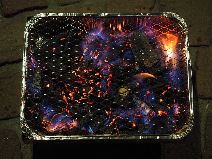 grill, disposable grill, barbecue, charcoal, burn, fire, carbon