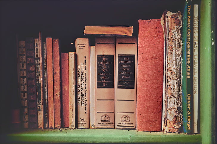 pile, books, green, wooden, shelf, encyclopedia, book