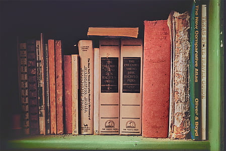 mucchio, libri, verde, in legno, mensola, Enciclopedia, libro