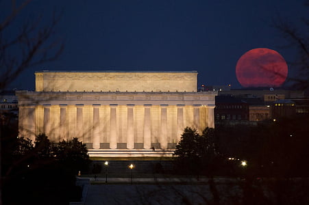 林肯纪念堂, 纪念碑, 满月, 晚上, 华盛顿, d, c