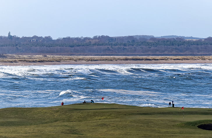 golf, golf course, scenery, waves, sea, beach, shoreline