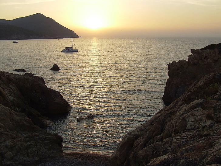 zonsondergang, zee, Corsica, kustlijn, natuur, Rock - object