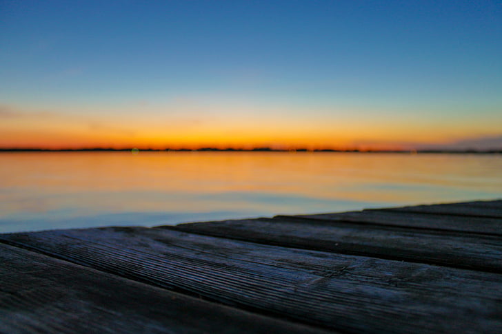 Horizon, punto de vista, Ver, muelle, cubierta, tablones de madera, puesta de sol